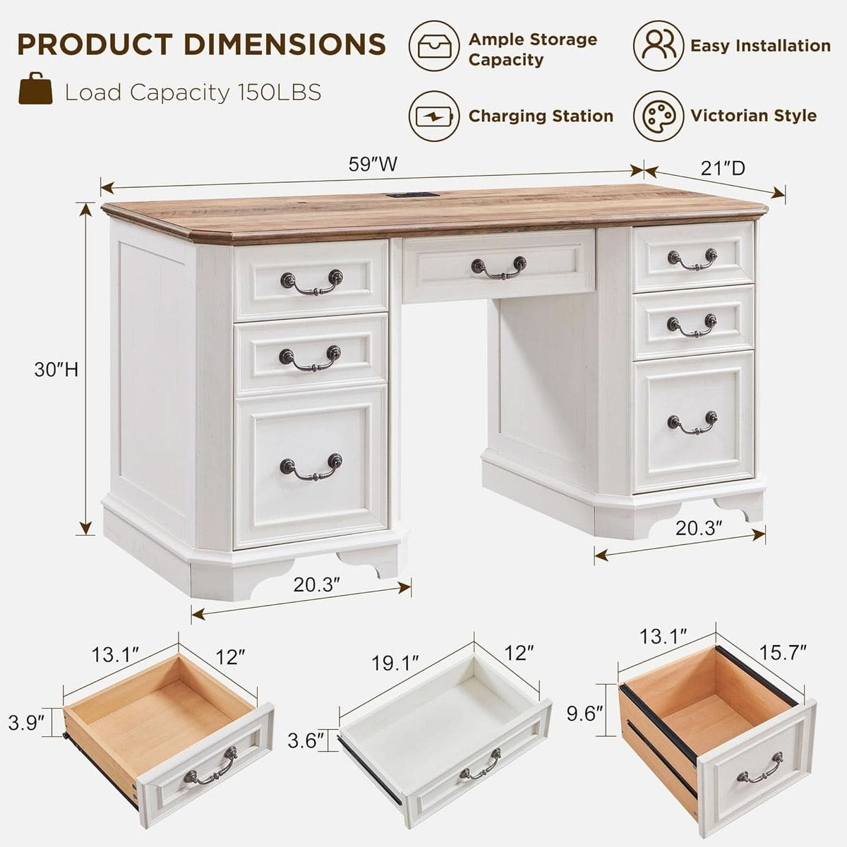Victorian Farmhouse 59-Inch Executive Desk, Antique White – view 2