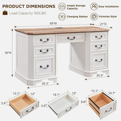 Victorian Farmhouse 59-Inch Executive Desk, Antique White – view 2