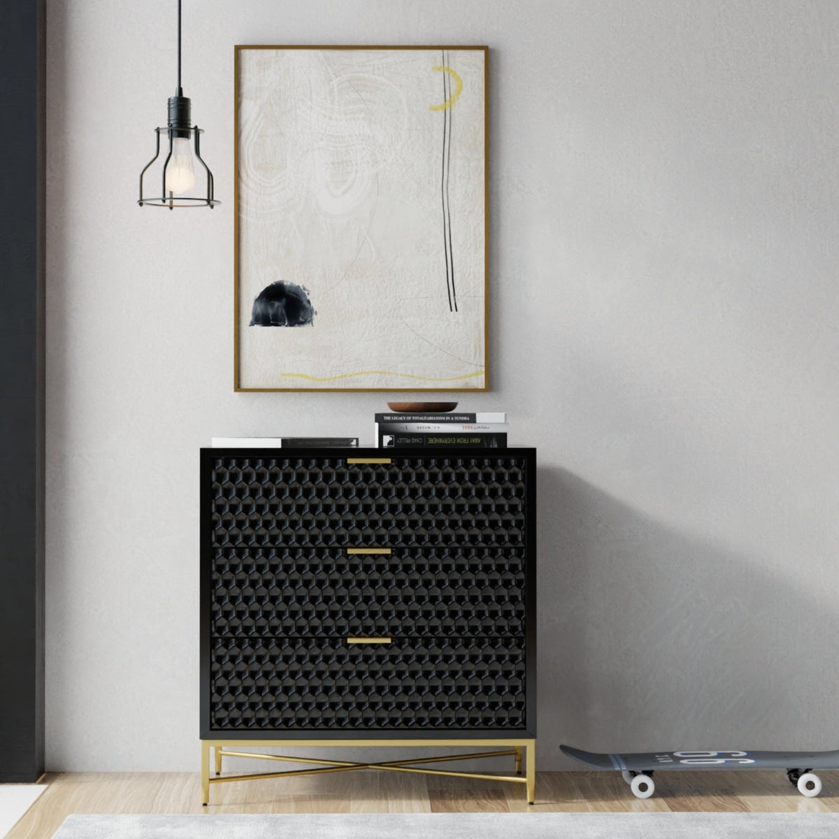 White Pearl 3-Drawer Accent Chest with Gold Metal Base – view 8