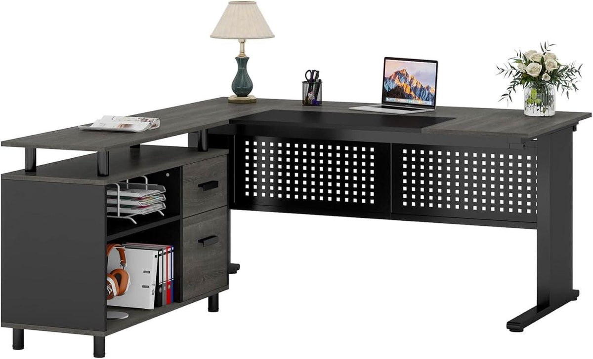 63-Inch Executive Desk with File Cabinet and Open Shelves – view 9
