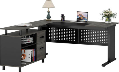 63-Inch Executive Desk with File Cabinet and Open Shelves – view 9