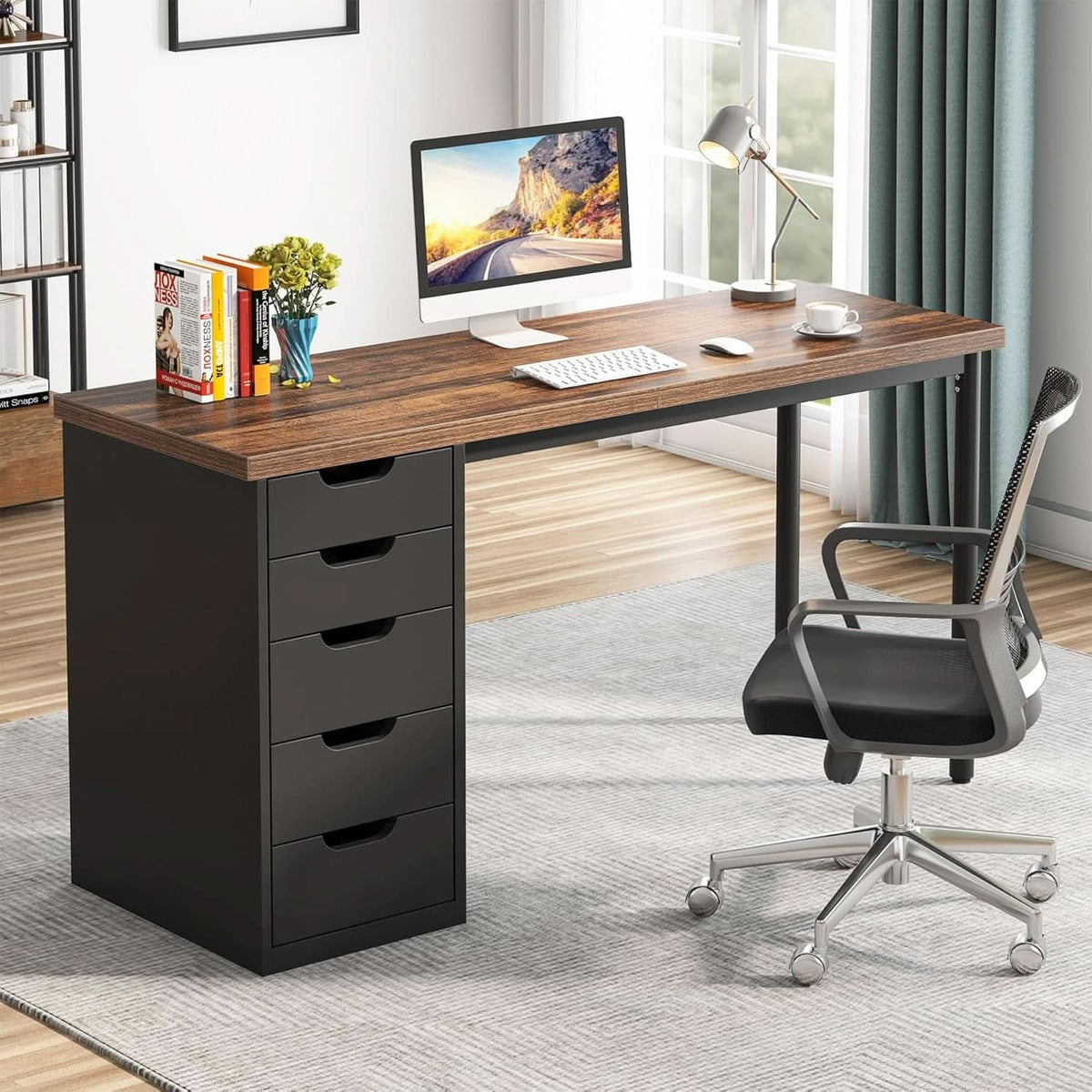 47-Inch Rustic Brown Computer Desk with 5 Drawers – view 3