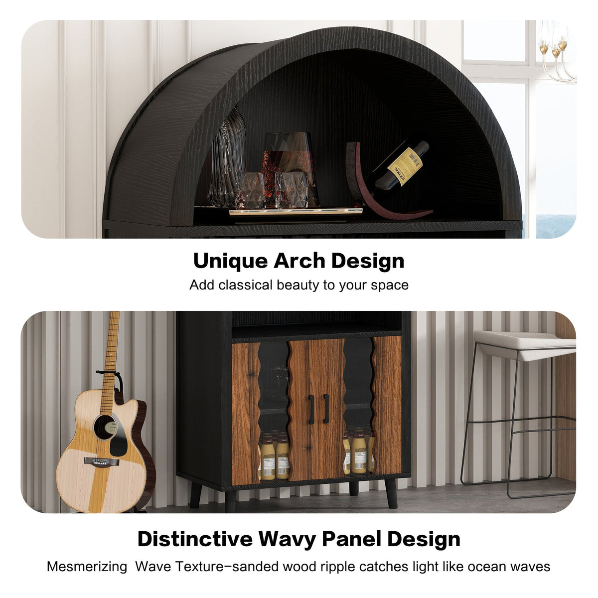 71-Inch Farmhouse Arched Wine Bar Cabinet with Glass Holders, Black – view 8