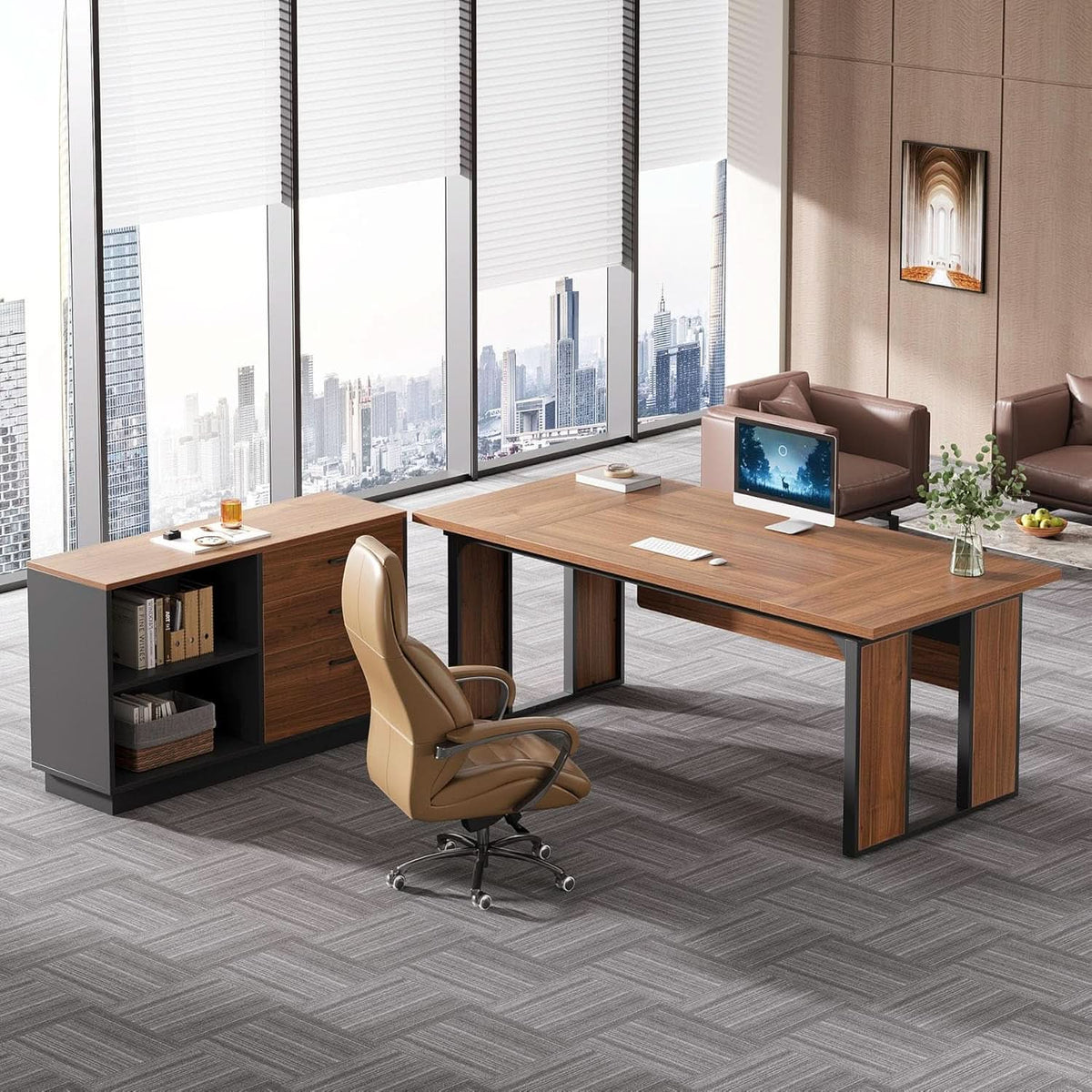 63 Inch L-Shaped Executive Desk with File Cabinet and Storage Shelves – view 3