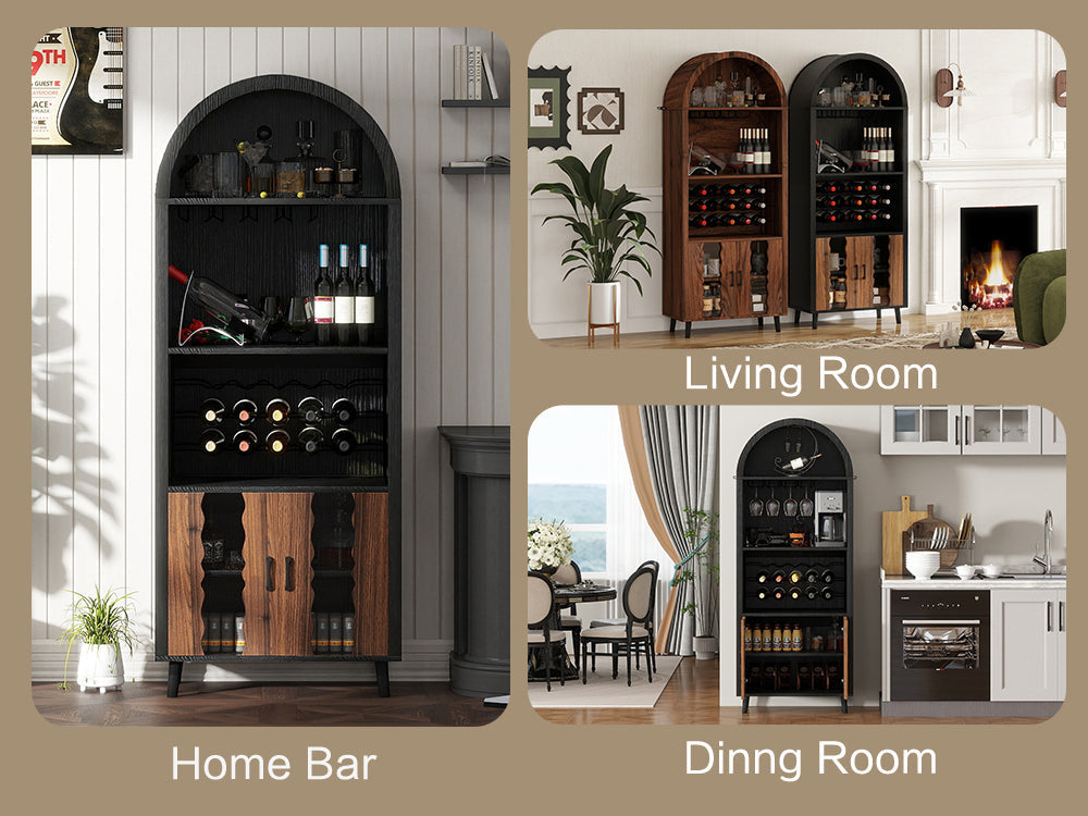 71-Inch Farmhouse Arched Wine Bar Cabinet with Glass Holders, Black – view 9
