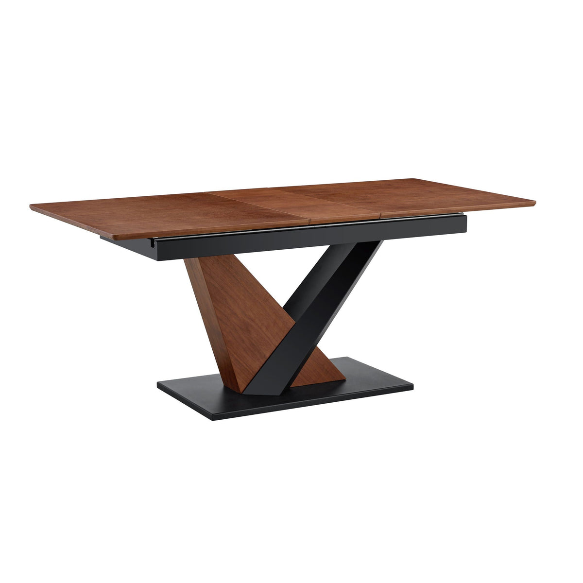 Dark walnut rectangular dining table with black and brown cross geometric legs in a modern dining room