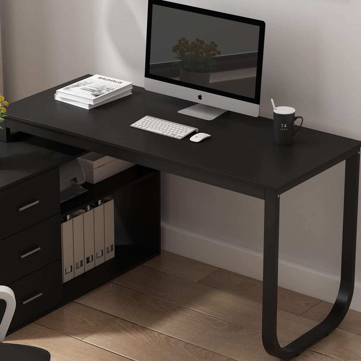 55.1-Inch Black L-Shaped Computer Desk with Reversible Storage Cabinet – view 4