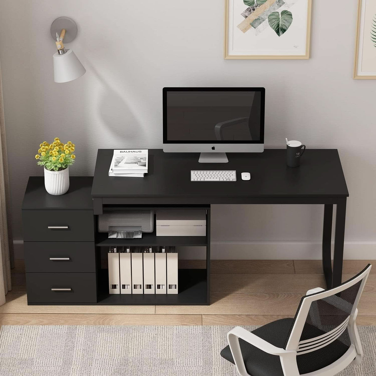 55.1-Inch Black L-Shaped Computer Desk with Reversible Storage Cabinet – view 3