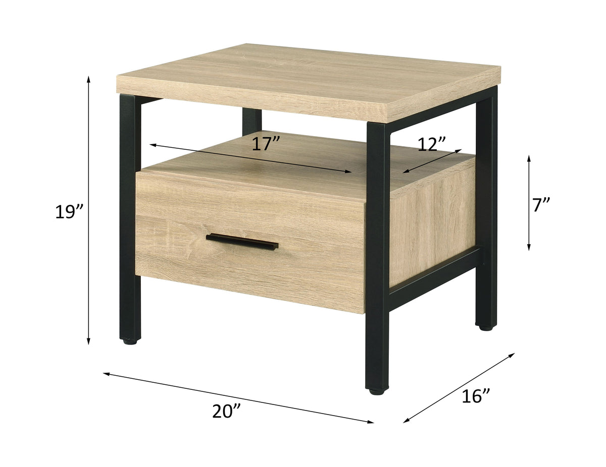Modern Oak Finish Nightstand with Drawer, Open Shelf and Metal Legs – view 2