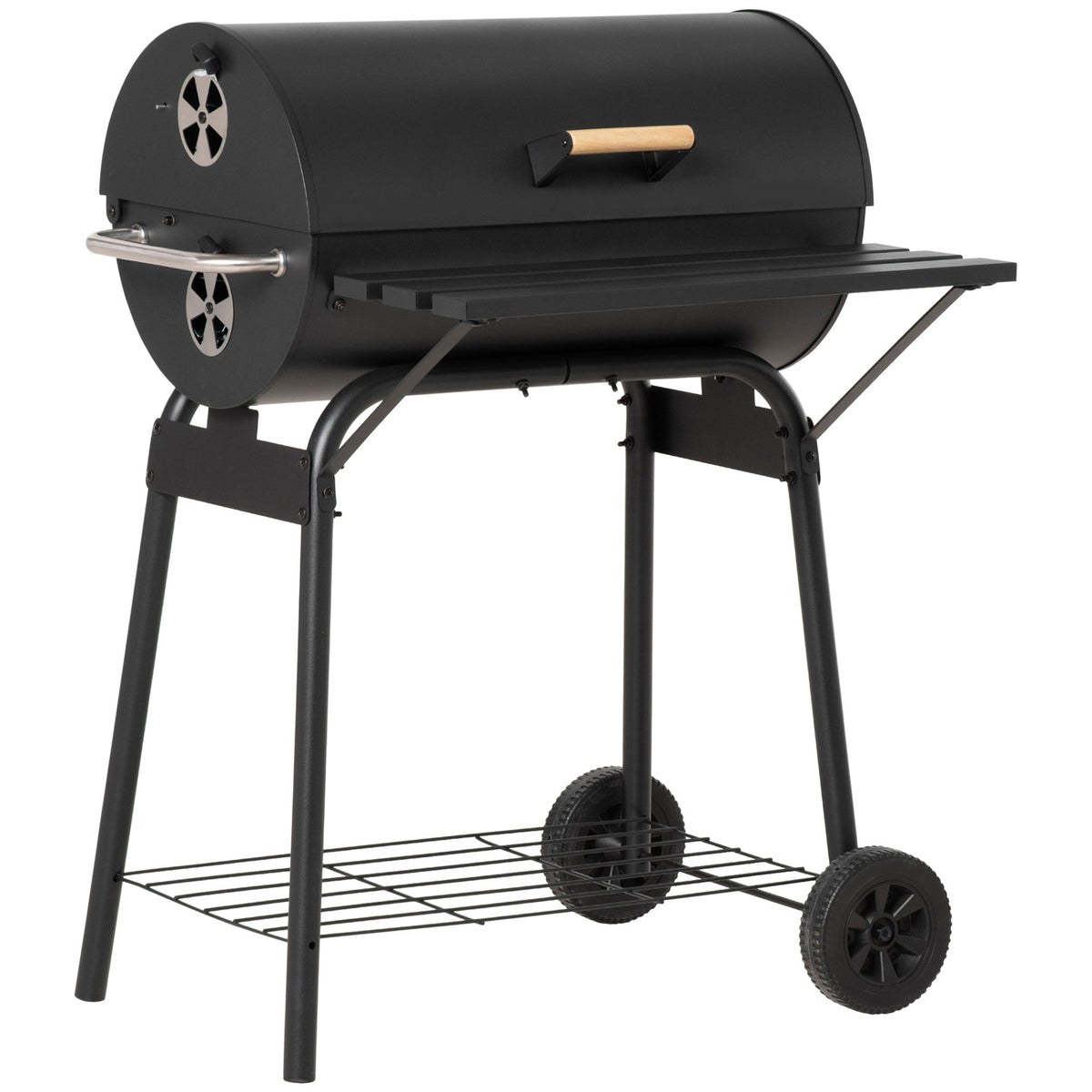 Black steel 30-inch barrel charcoal grill with offset firebox and wooden handles on a patio