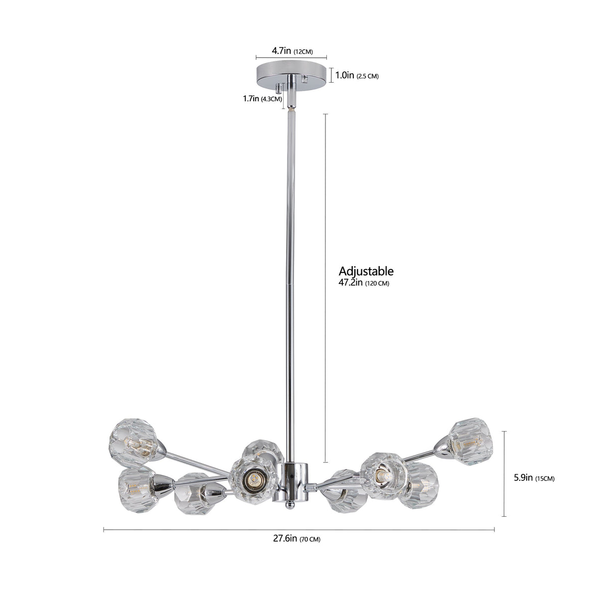 28" Modern Low-Profile Crystal Chandelier with 9 Lights, Chrome – view 9
