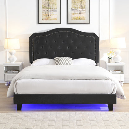 Queen Velvet Upholstered Bed with Button-Tufted Curved Headboard and LED – view 3