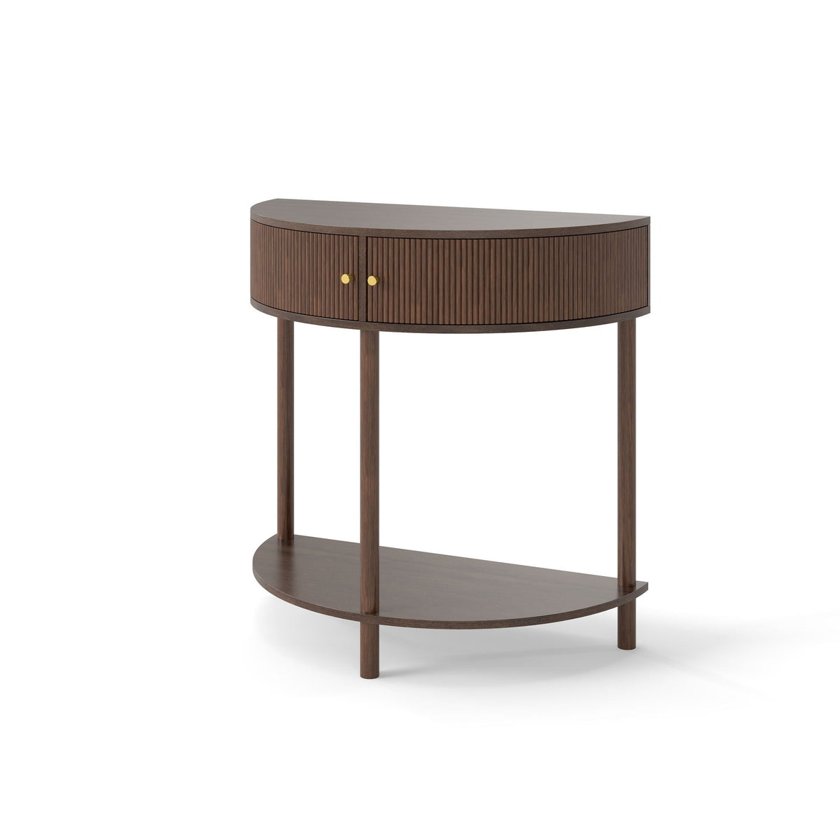 White demi lune half-moon console table with two wave-pattern drawers in an entryway