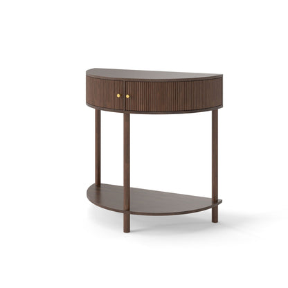 White demi lune half-moon console table with two wave-pattern drawers in an entryway
