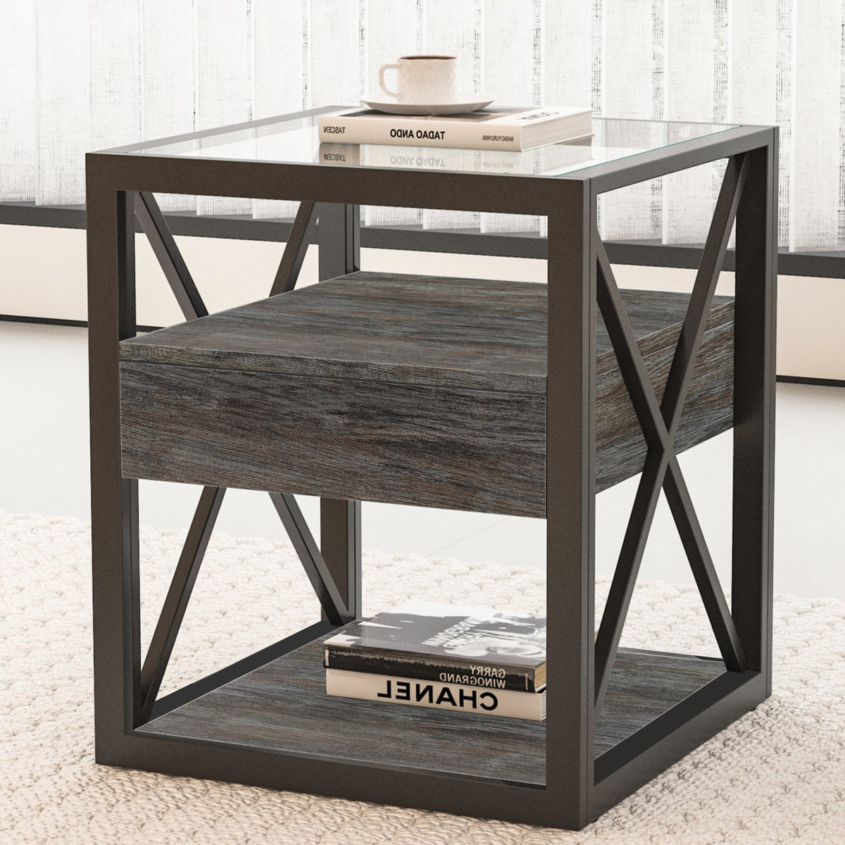 Industrial End Tables with Drawer and Glass Top, Set of 2 Nightstands – view 8