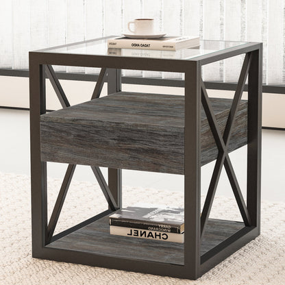 Industrial End Tables with Drawer and Glass Top, Set of 2 Nightstands – view 8