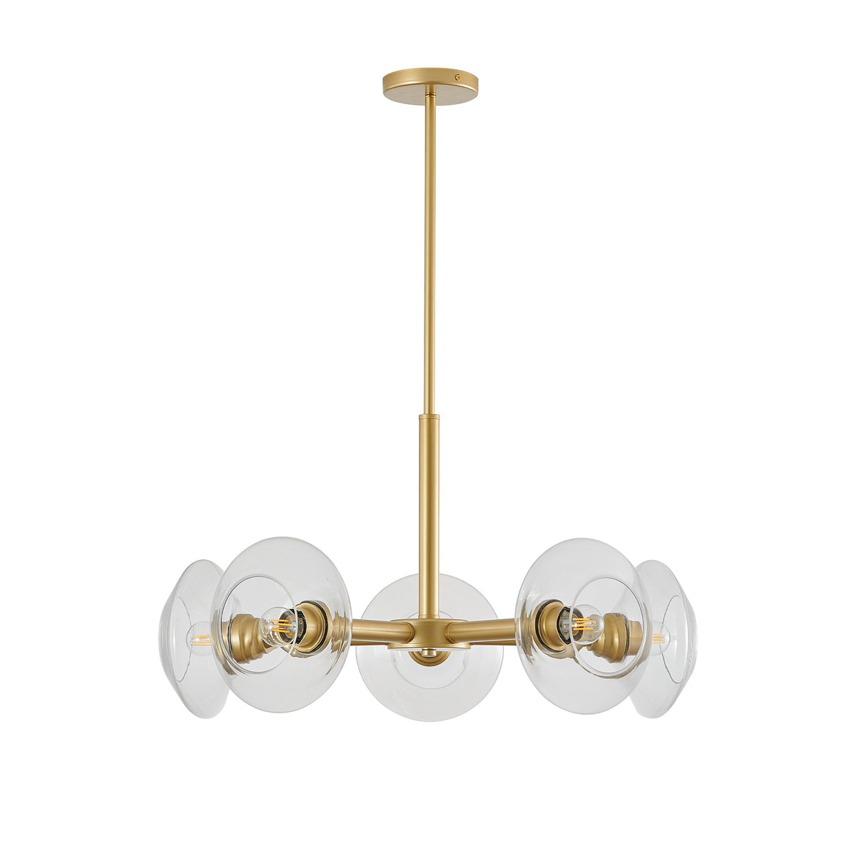 Gold 5-light Sputnik chandelier with clear glass shades above a dining table