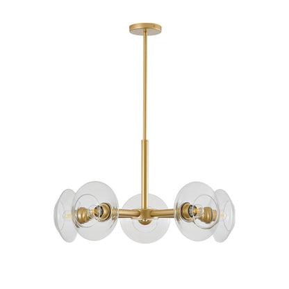 Gold 5-light Sputnik chandelier with clear glass shades above a dining table