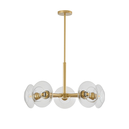 Gold 5-light Sputnik chandelier with clear glass shades above a dining table