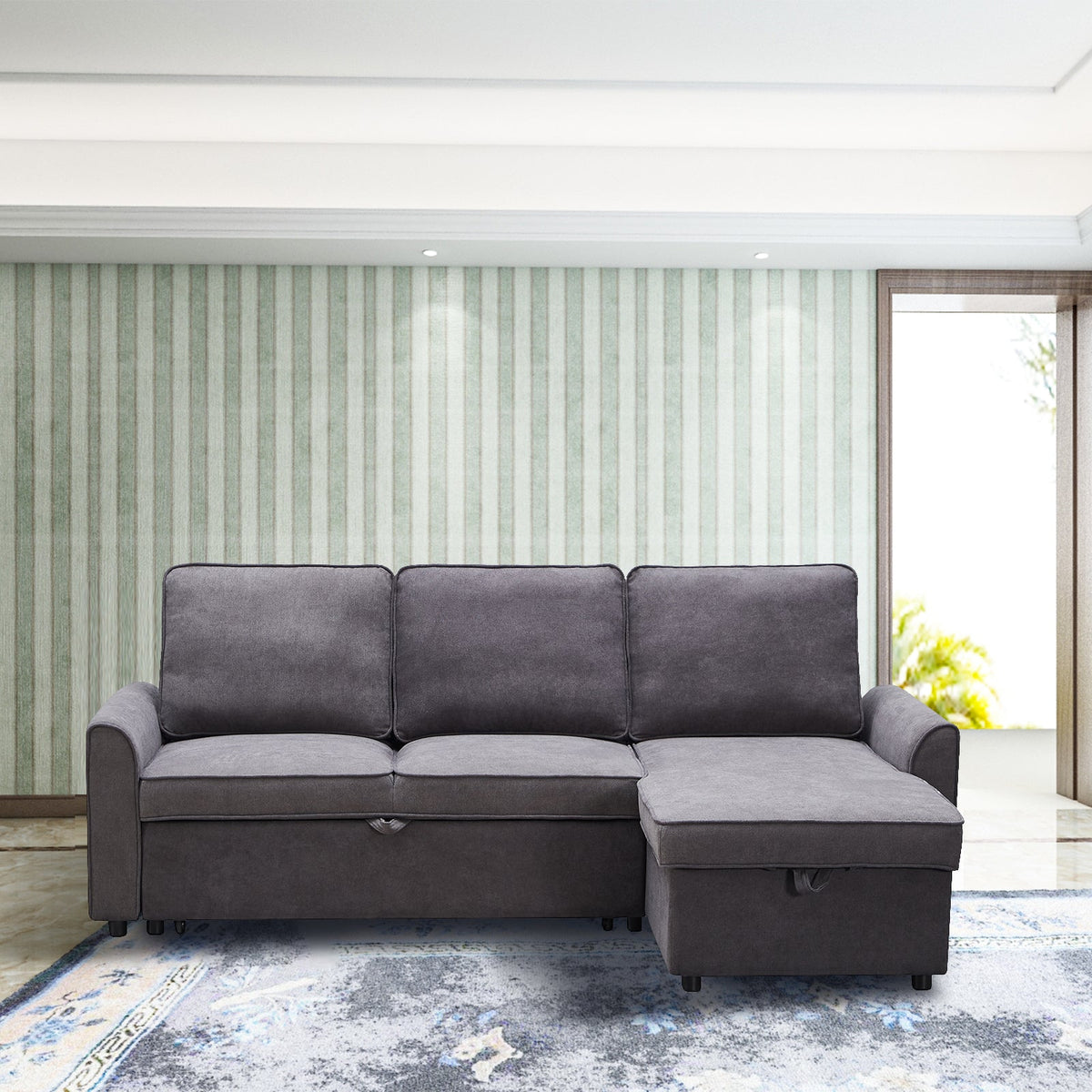 Modular L-Shaped Sofa Bed with Storage Chaise in Dark Grey Linen – view 7
