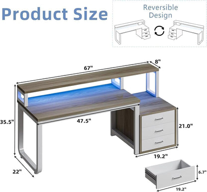 67-Inch White Walnut Computer Desk with Integrated LED Lighting – view 2
