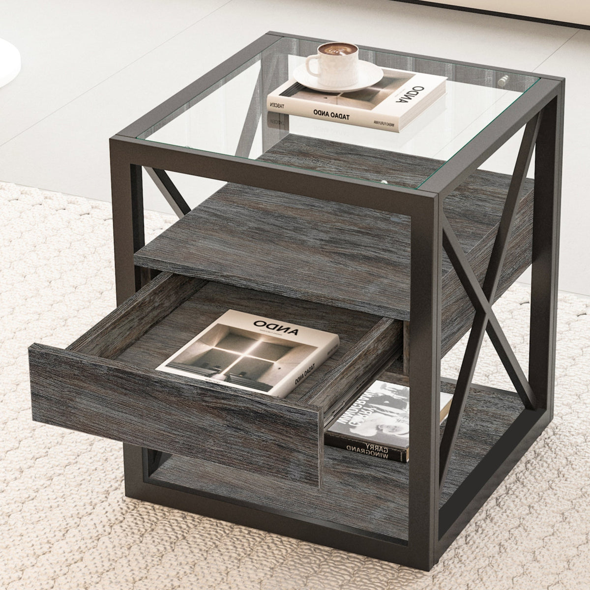 Industrial End Tables with Drawer and Glass Top, Set of 2 Nightstands – view 7