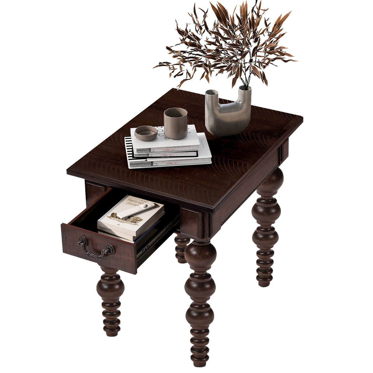 Espresso Wood End Table with Drawer and Turned Spindle Legs – view 4