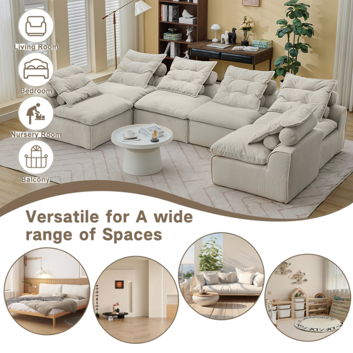 6-Piece Modular Sofa Set in Beige Corduroy with Neck and Waist Pillows – view 3