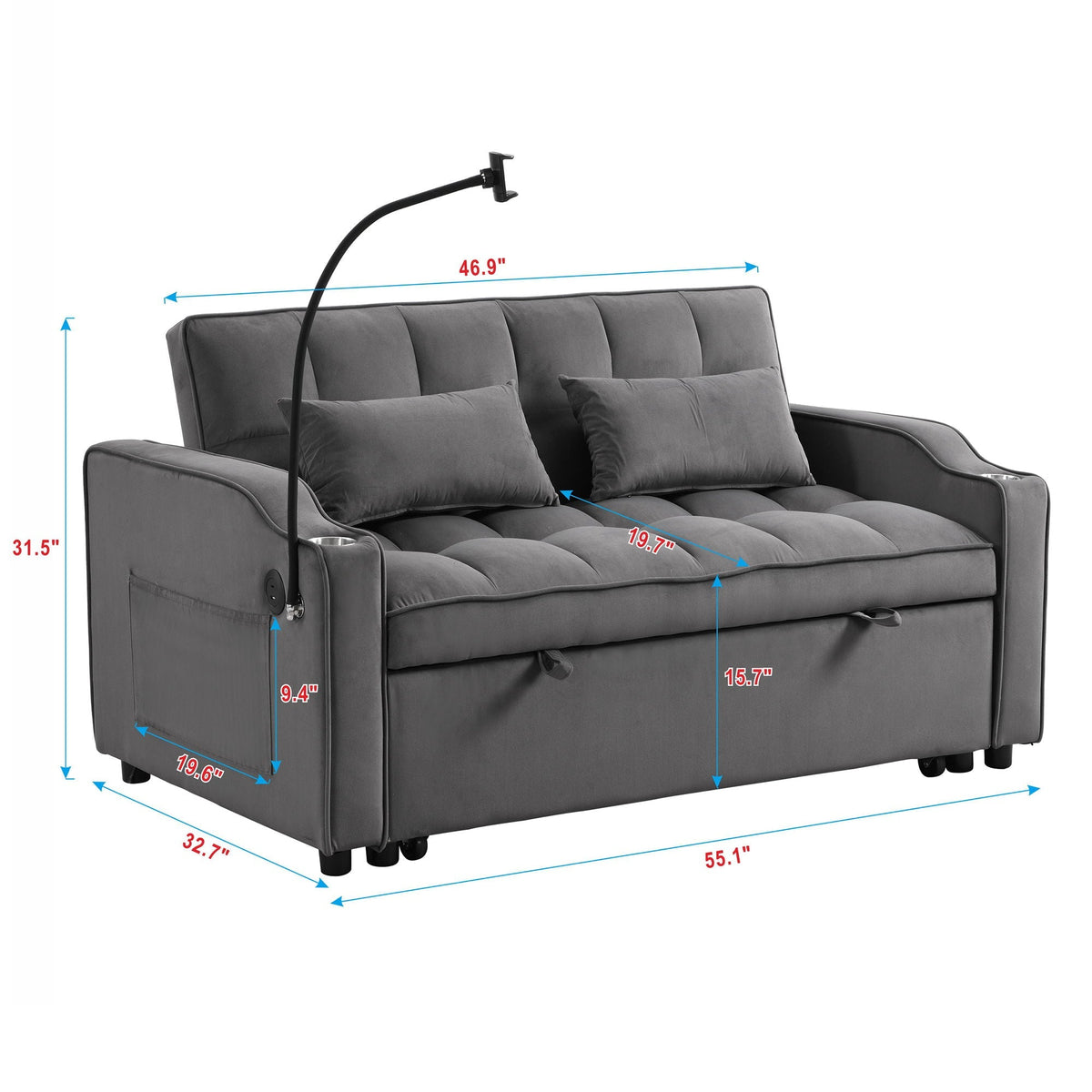 Dark Gray Velvet Sofa Bed with Trundle and USB Ports for Small Rooms – view 2