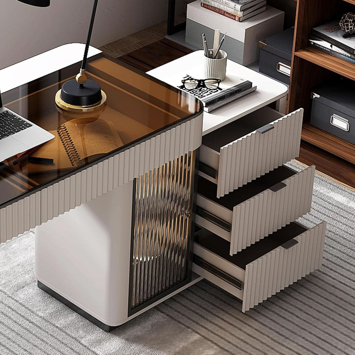 Ivory 50-Inch Glass Top Computer Desk with Storage Cabinet and LED Light – view 7