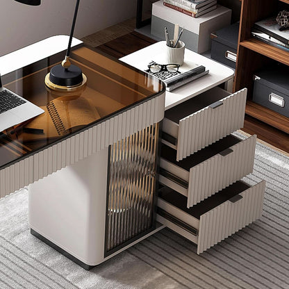 Ivory 50-Inch Glass Top Computer Desk with Storage Cabinet and LED Light – view 7