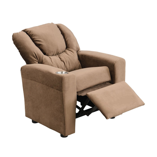 Dark brown fabric kids recliner chair with cup holder in a cozy playroom