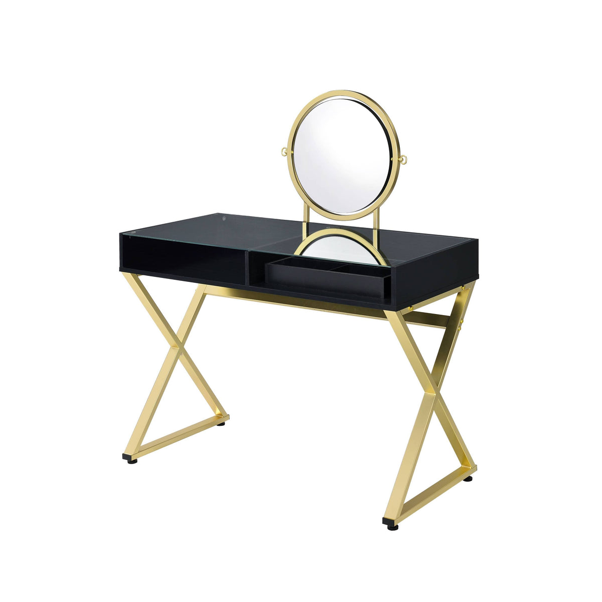 Black and Gold Vanity Desk with Mirror, Jewelry Tray and Two Drawers – view 3