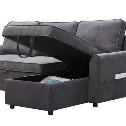 Modular L-Shaped Sofa Bed with Storage Chaise in Dark Grey Linen – view 11