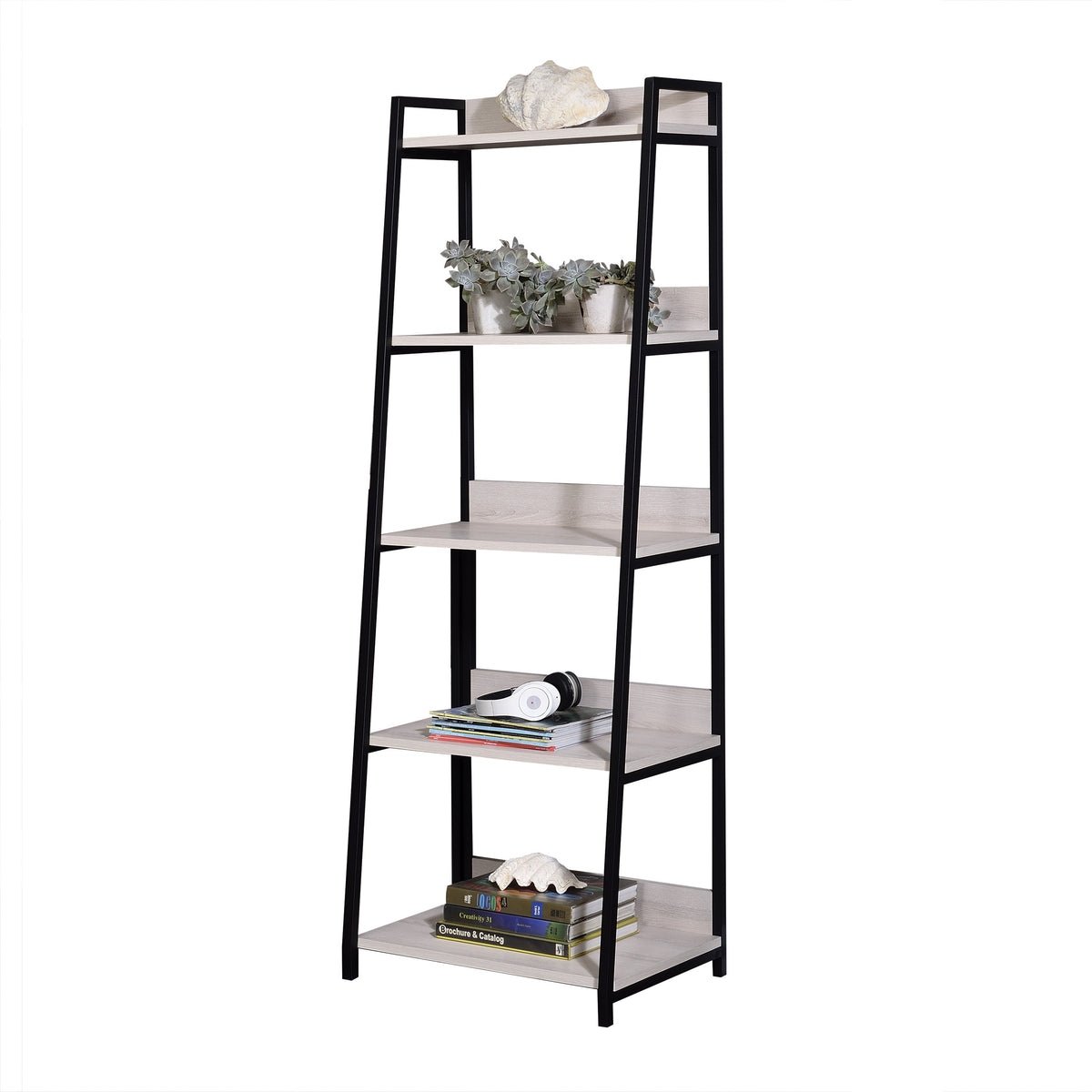 Natural wood and black metal ladder bookshelf with books and decor in a modern living room