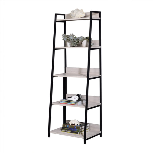 Natural wood and black metal ladder bookshelf with books and decor in a modern living room