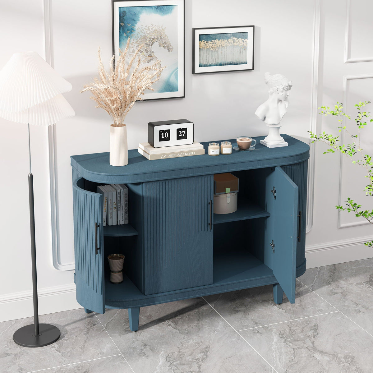 Curved Wooden Sideboard Console Table with Adjustable Shelves, Blue – view 3