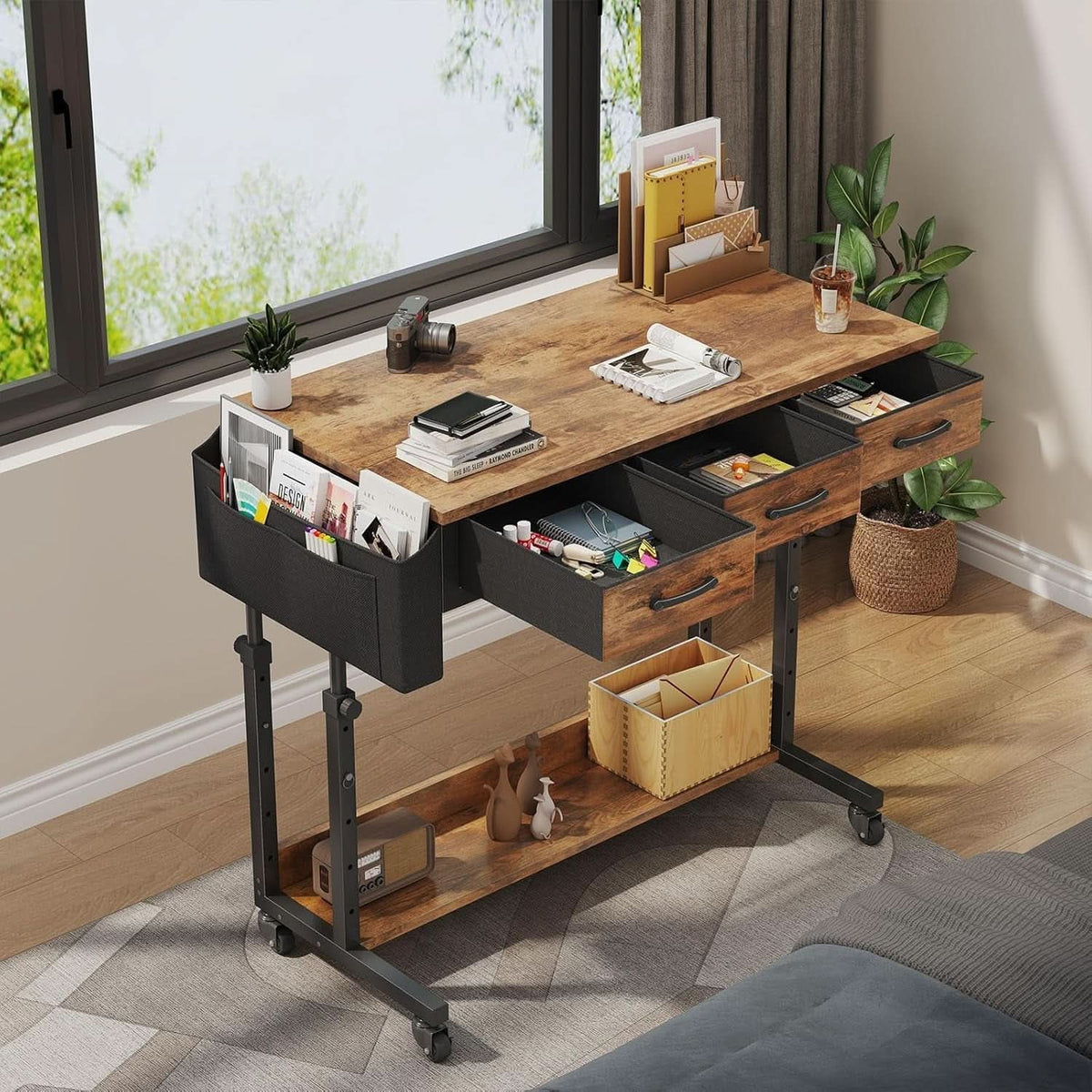 Rolling Height-Adjustable Computer Desk with Fabric Drawers – view 2