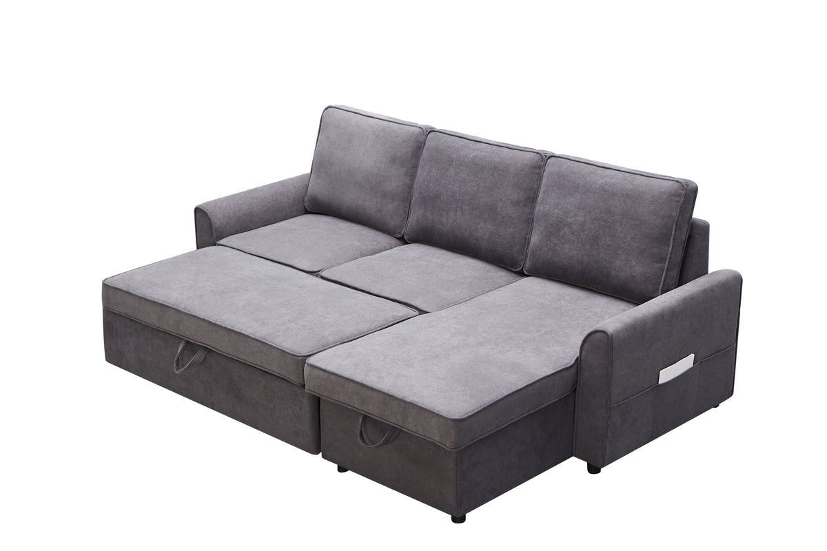 Modular L-Shaped Sofa Bed with Storage Chaise in Dark Grey Linen – view 3