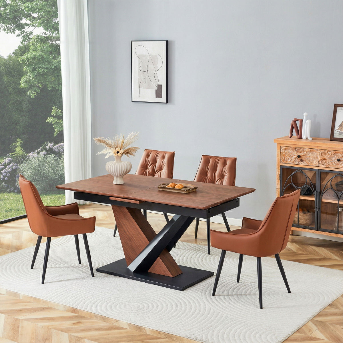 Dark Walnut Dining Table with Cross Geometric Legs, Scratch-Resistant – view 3