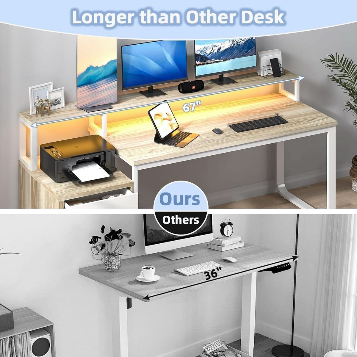 67-Inch White Walnut Computer Desk with Integrated LED Lighting – view 4