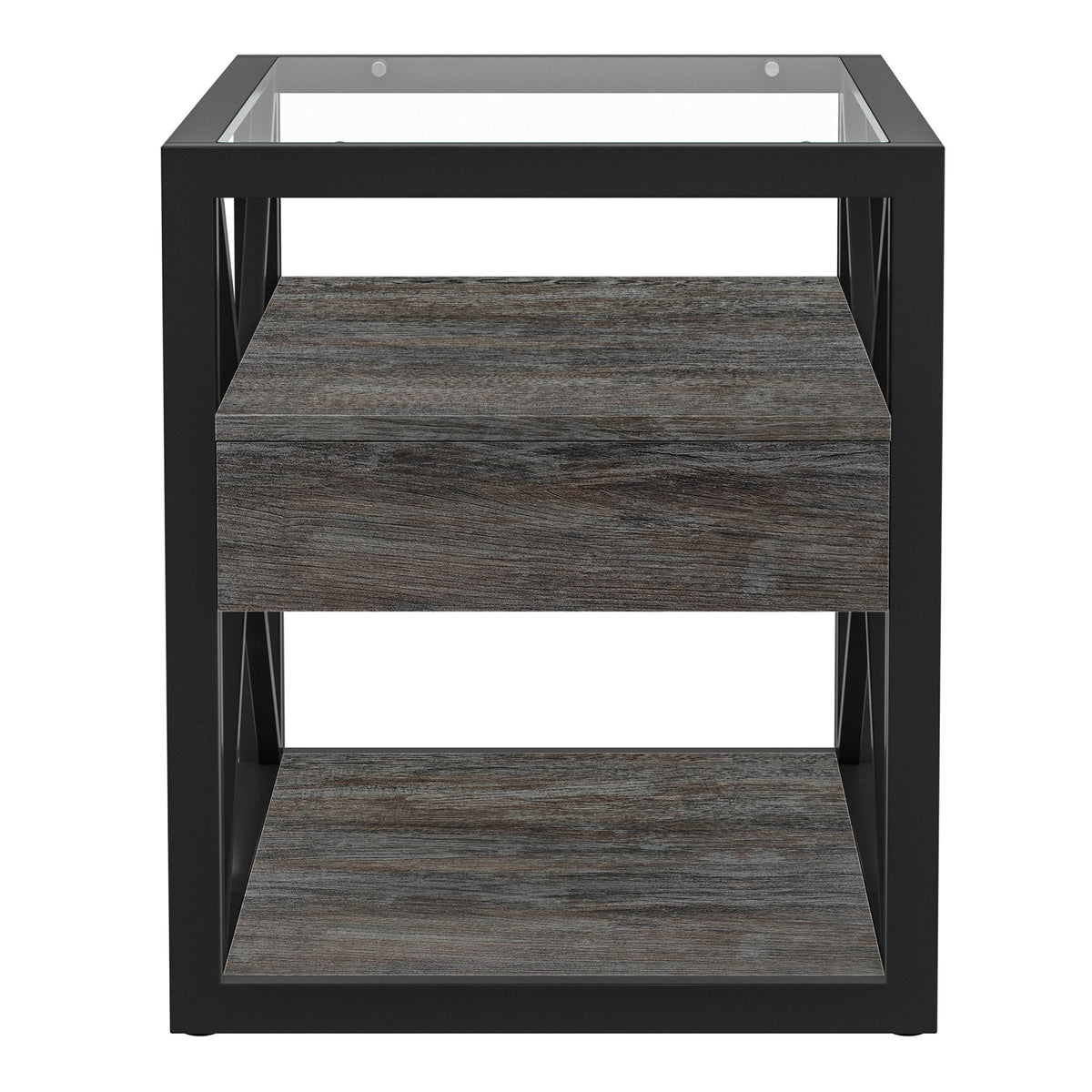Industrial End Tables with Drawer and Glass Top, Set of 2 Nightstands – view 12
