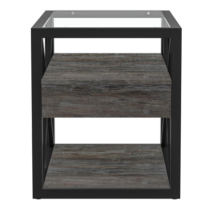 Industrial End Tables with Drawer and Glass Top, Set of 2 Nightstands – view 12