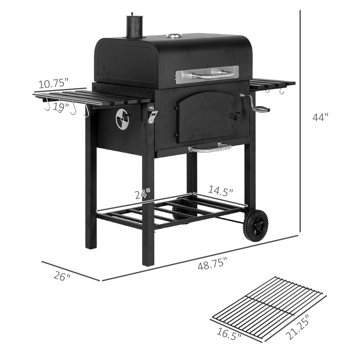 Black Steel Charcoal Grill with Adjustable Charcoal Pan and Folding Shelves – view 3