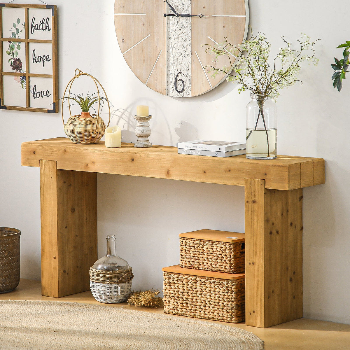 Natural solid wood rustic farmhouse console table with slim top in an entryway