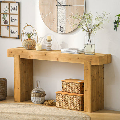 Natural solid wood rustic farmhouse console table with slim top in an entryway
