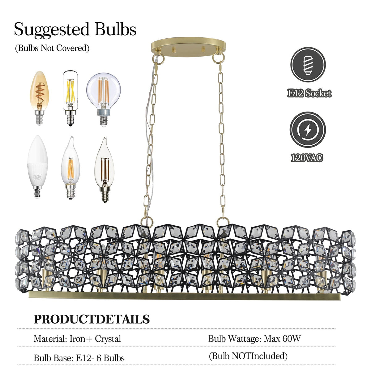 39" Contemporary K9 Crystal Linear Pendant Chandelier, Black and Gold – view 11