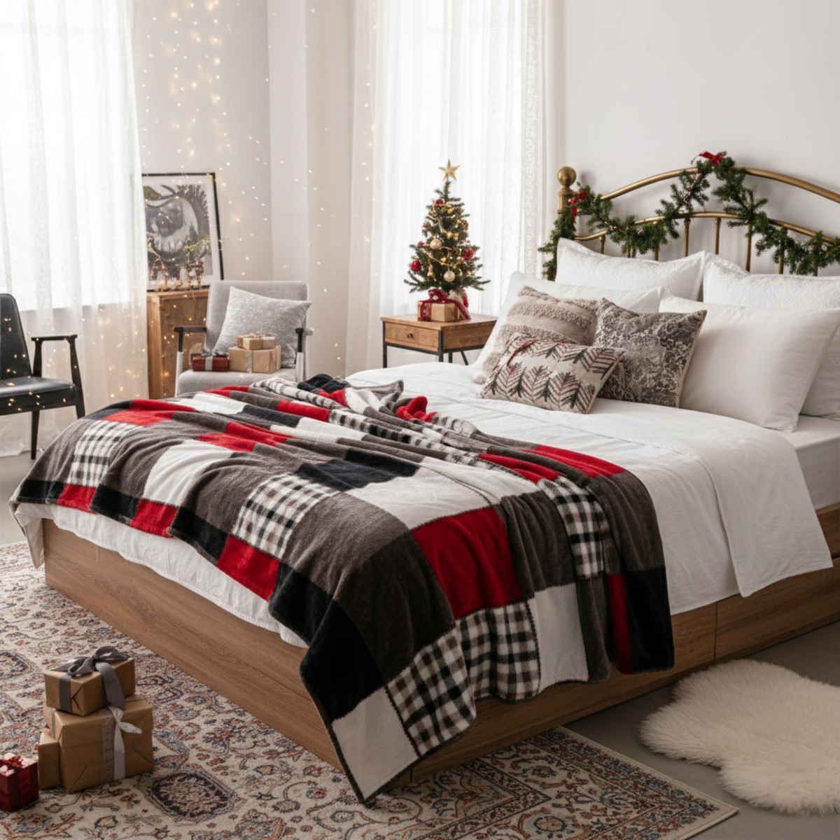 Sunset Maple Farmhouse Plaid Patchwork Fleece Throw Blanket – view 2