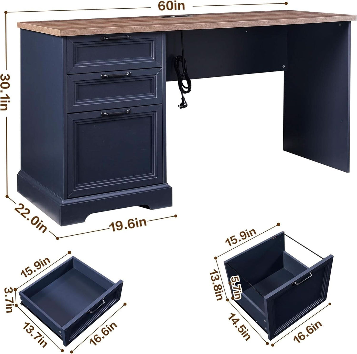 Blue Farmhouse Executive Desk with Built-In Charging Station – view 2