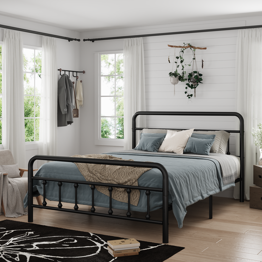 Black metal full size bed frame with classic headboard and storage bins underneath